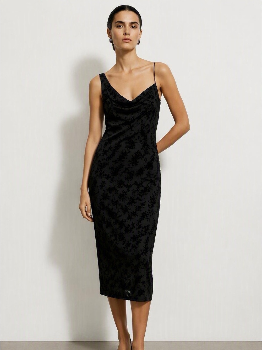Zara asymmetrical Black Slip Midi Dress with Cowl Neck